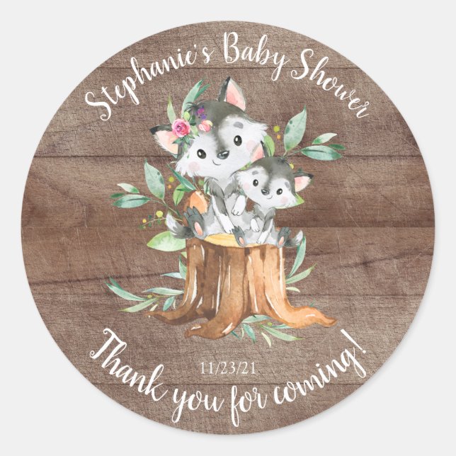 Sticker Rond Adorable maman et bébé loup Baby shower Favoriser (Devant)