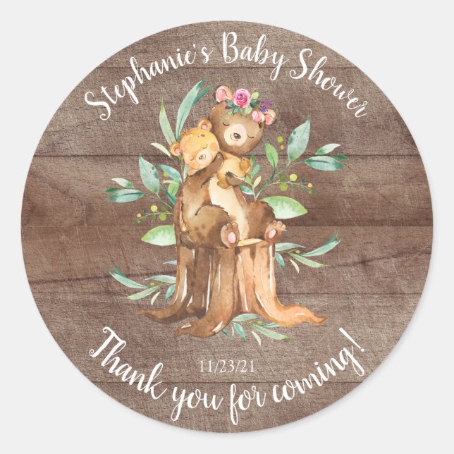 Sticker Rond Adorable maman et bébé ours Baby shower Favoriser (Devant)