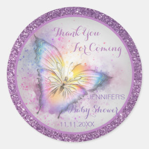Sticker Rond Adorable Merci de papillon violet Baby shower