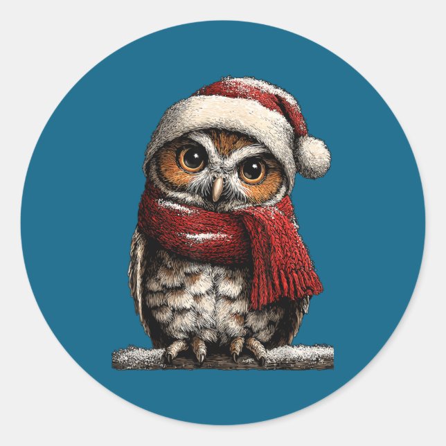 Sticker Rond Adorable Owl With Santa Hat Snowy Winter Christmas (Devant)