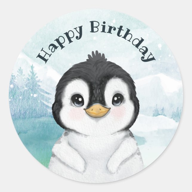 Sticker Rond Adorable Penguin Winter Landscape Happy Birthday  (Devant)