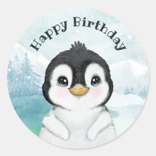 Sticker Rond Adorable Penguin Winter Landscape Happy Birthday 