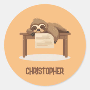 Sticker Rond Adorable Sleepy Étudier Sloth avec nom enfant