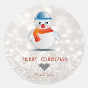 Sticker Rond Adorable Snowman, Glittery Bokeh