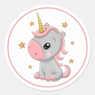 Sticker Rond Adorable Unicorne rose et or avec cadre rose