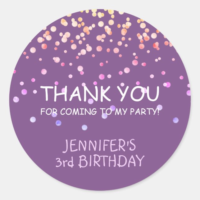 Sticker Rond Adorable Violet Confetti Merci fête Anniversaire (Devant)