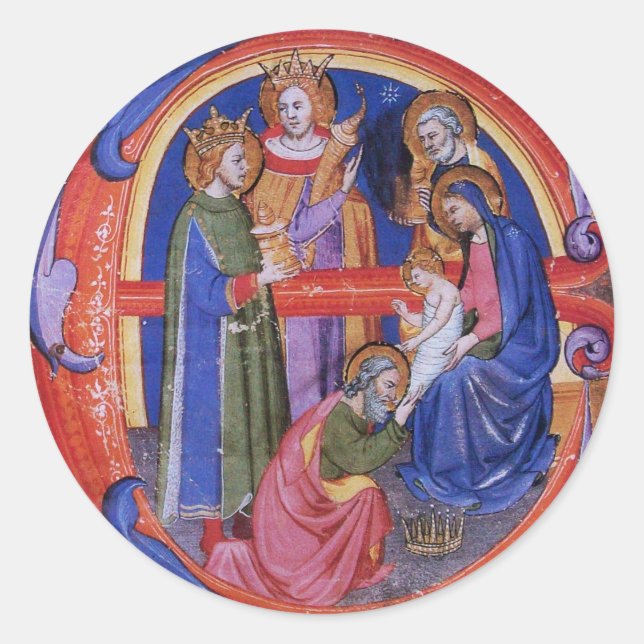 STICKER ROND ADORATION DU PARCHEMENT DE LA NATIVITÉ MAGI CHRIST (Devant)