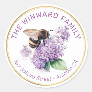 Sticker Rond Adresse avec abeille et floraisons de lilas violet