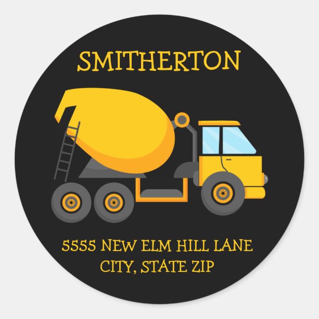 Sticker Rond Adresse d'anniversaire d'enfant avec camion de cim (Devant)