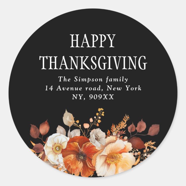 Sticker Rond adresse de bon thanksgiving floral d'automne (Devant)