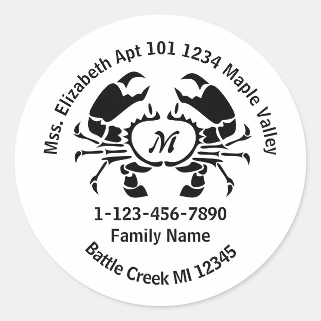 Sticker Rond Adresse de la famille du monogramme de crabe (Devant)