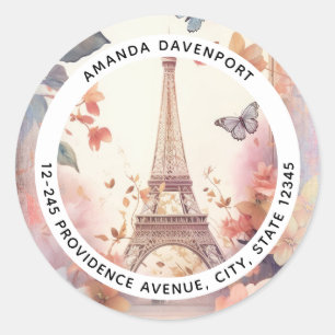 Sticker Rond Adresse de la tour Eiffel Papillons et Fleurs