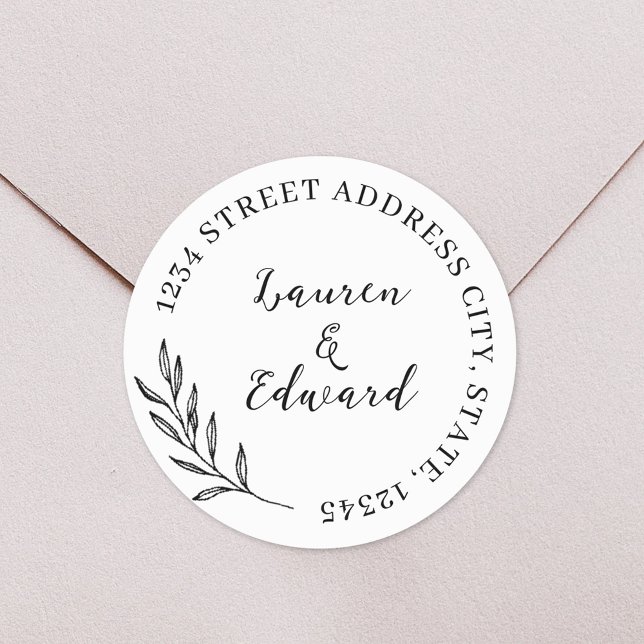 Sticker Rond Adresse de mariage à feuillage élégant (Créateur téléchargé)