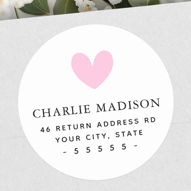 Sticker Rond Adresse de retour blanche au coeur rose mou (Cute pink heart white return address classic round sticker)