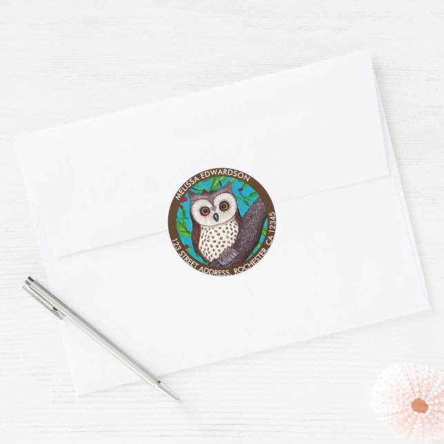 Sticker Rond Adresse de retour de chouette aquarelle (Enveloppe)