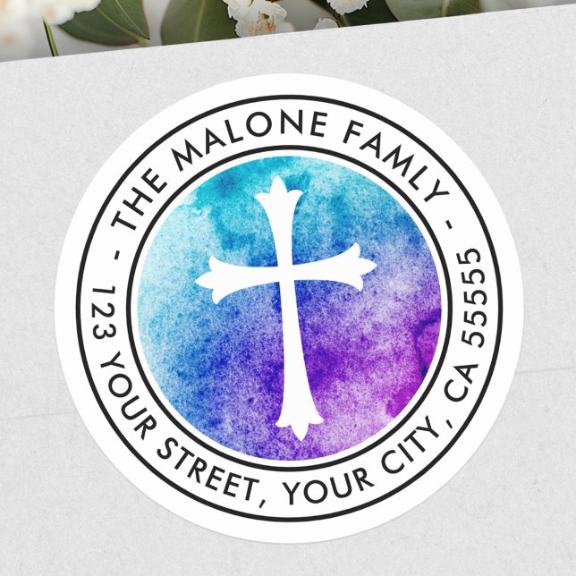 Sticker Rond Adresse de retour de couleur bleu pourpre croisée (Cross purple blue watercolor return address classic round sticker)