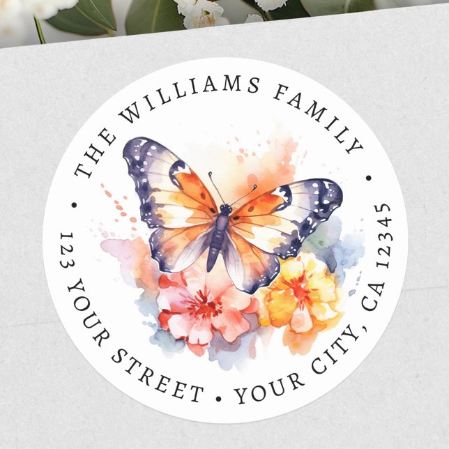 Sticker Rond Adresse de retour de la peinture papillon et fleur (Butterfly and flowers painting return address classic round sticker)