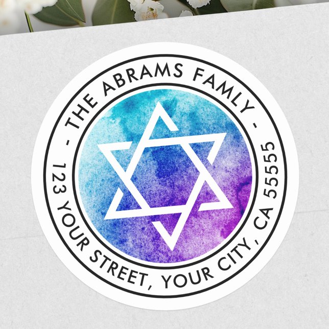 Sticker Rond Adresse de retour de l'étoile de David bleu (Star of David blue watercolor return address Classic Round Sticker)