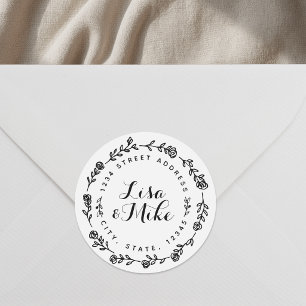 Sticker Rond Adresse de retour de mariage à couronne florale