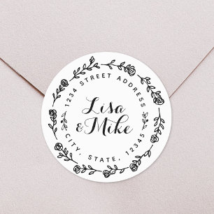 Sticker Rond Adresse de retour de mariage à couronne florale