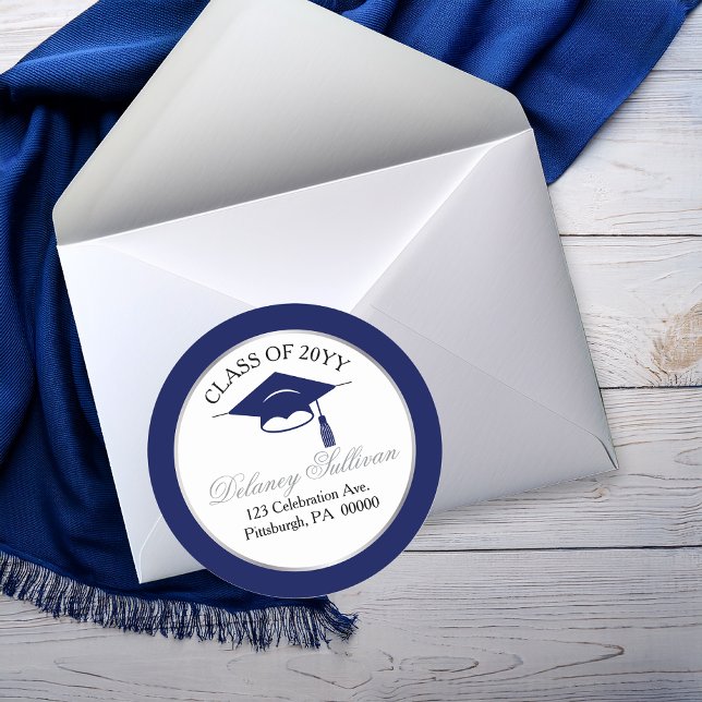 Sticker Rond Adresse de retour de remise de diplôme universitai (Elegant Blue and Silver Tone  College | University Graduation Return Address Classic Round Sticker)