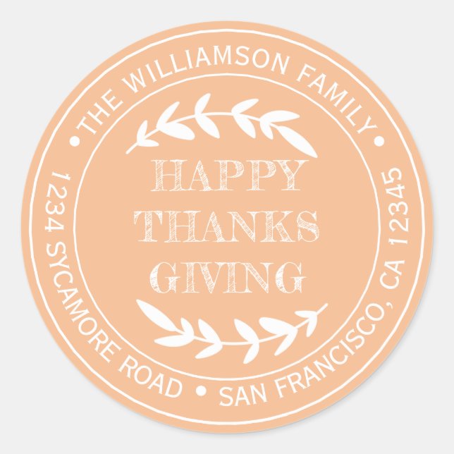Sticker Rond Adresse de retour de Thanksgiving rustique orange (Devant)