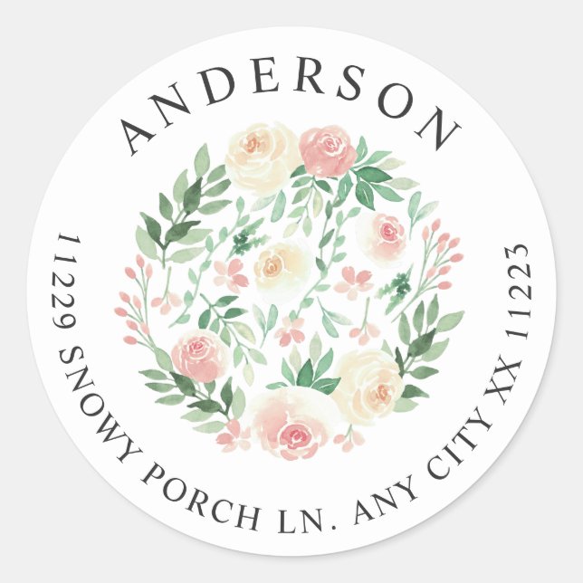 Sticker Rond Adresse de retour de verdure florale rose saumon (Devant)