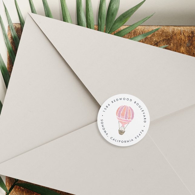 Sticker Rond Adresse de retour du ballon à air chaud rose (Créateur téléchargé)