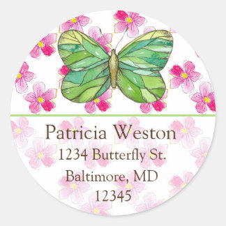 Sticker Rond Adresse de retour du papillon vert rose
