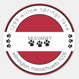 Sticker Rond Adresse de retour Empreinte de patte rouge
