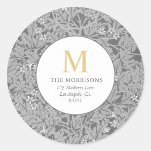 Sticker Rond Adresse de retour en monogramme or floral gris élé