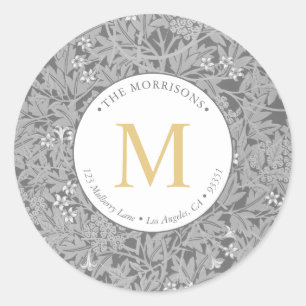 Sticker Rond Adresse de retour en monogramme or floral gris élé