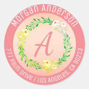 Sticker Rond Adresse de retour, fleurs aquarelle, écriture cora