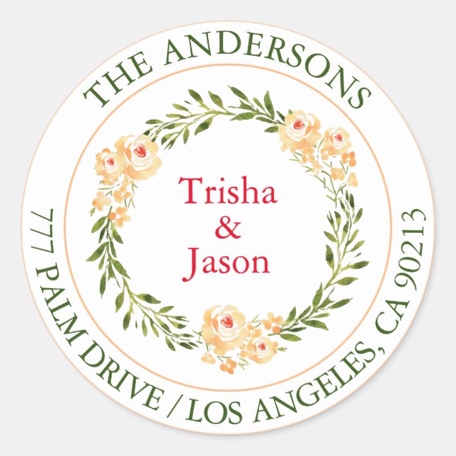 Sticker Rond Adresse de retour, fleurs de pêche W/C, texte vert (Devant)