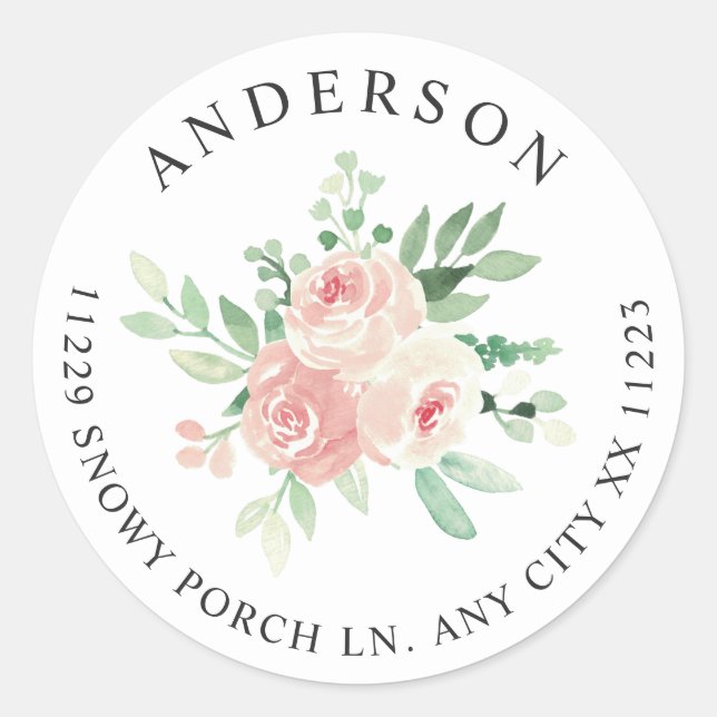 Sticker Rond Adresse de retour Fleurs Rose Blush (Devant)