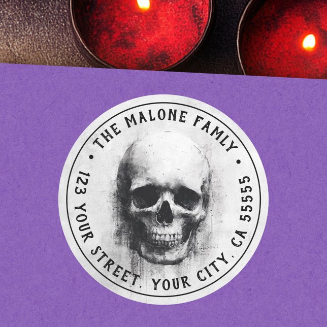 Sticker Rond Adresse de retour Halloween crâne effrayant (Creepy skull Halloween return address Classic Round Sticker)