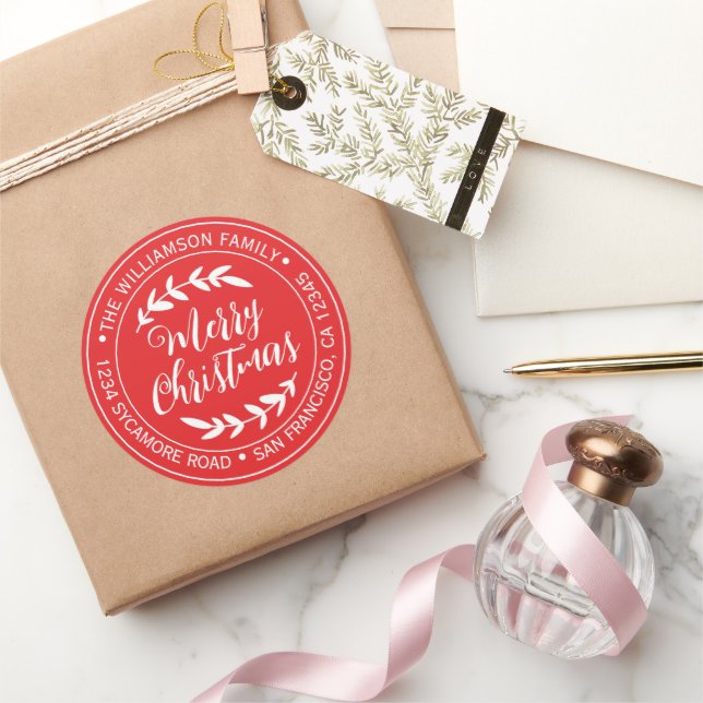 Sticker Rond Adresse de Retour Joyeux Noël Rouge Éclatant (Cadeaux)