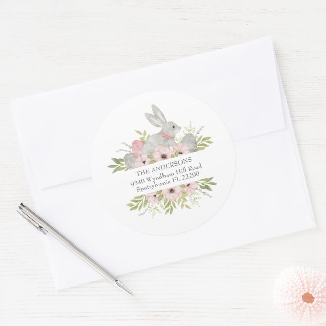 Sticker Rond Adresse de retour Lapin et Oeufs de Pâques (Enveloppe)