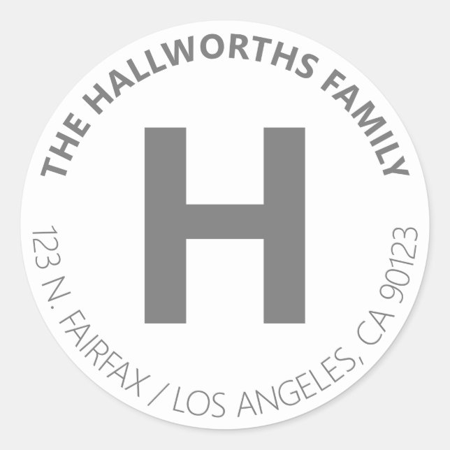 Sticker Rond Adresse de retour moderne blanc et gris gras (Devant)