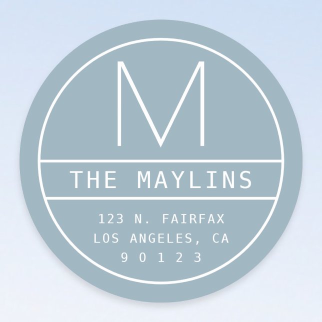 Sticker Rond Adresse de retour moderne et monogramme | Dusty Bl (Créateur téléchargé)