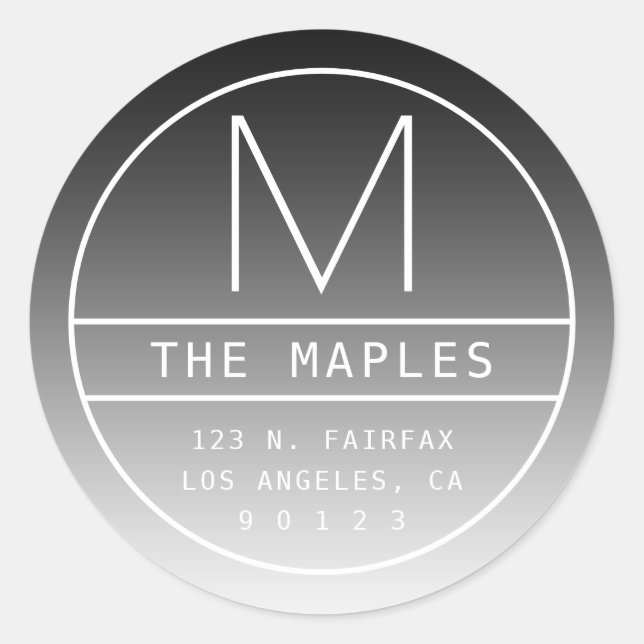 Sticker Rond Adresse de retour moderne et monogramme | Noir dég (Devant)