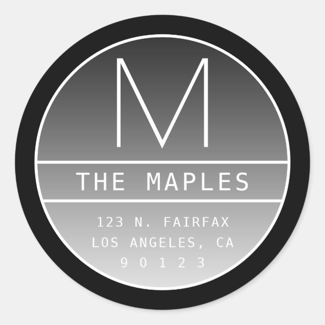 Sticker Rond Adresse de retour moderne et monogramme | Noir dég (Devant)