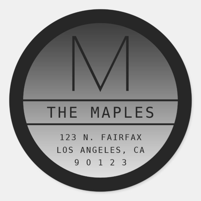 Sticker Rond Adresse de retour moderne et monogramme | Noir dég (Devant)