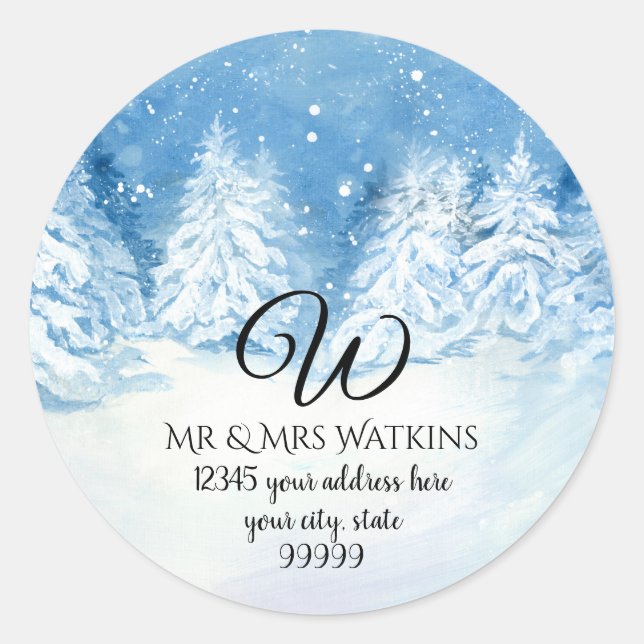 Sticker Rond Adresse de retour Monogramme Arbres d'hiver neigeu (Devant)