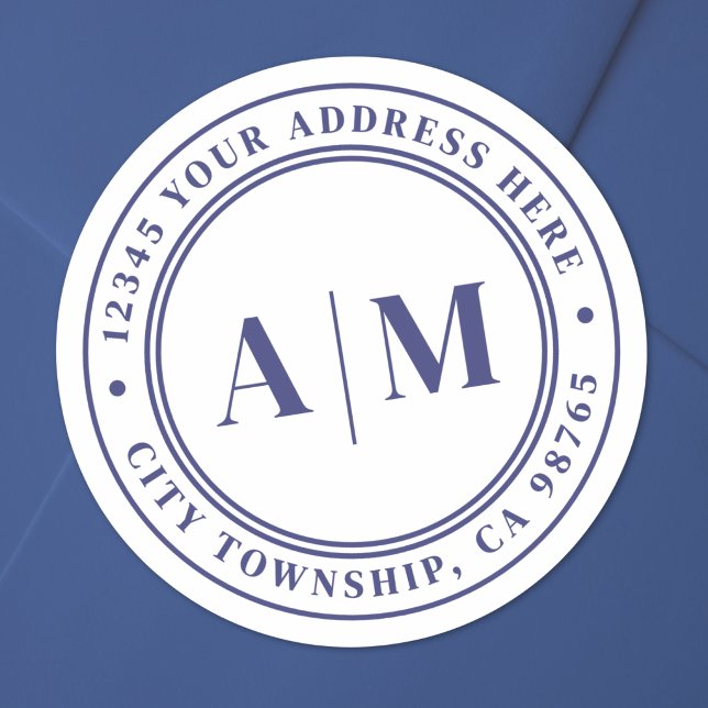 Sticker Rond Adresse de Retour Monogramme Bleu Marine (Navy Blue Monogram Return Address Classic Round Sticker )