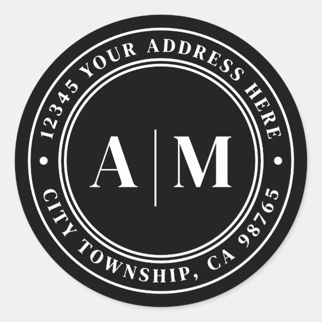 Sticker Rond Adresse de retour Monogramme Noir (Devant)