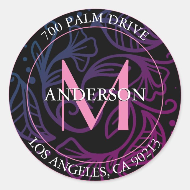 Sticker Rond Adresse de retour, monogramme rose, floral graphiq (Devant)