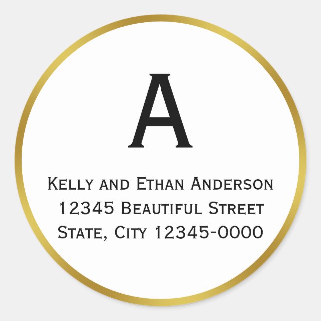 Sticker Rond Adresse de retour Monogramme White et Faux Gold (Devant)