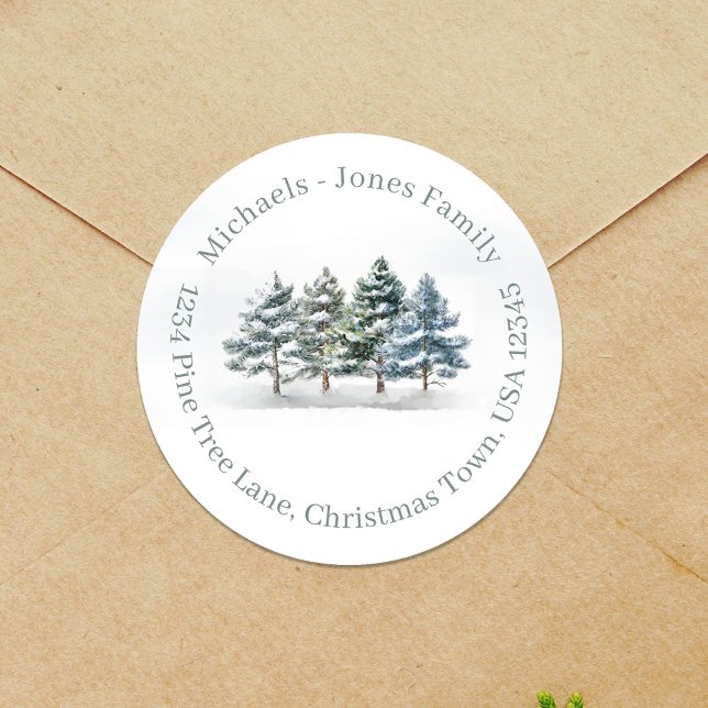 Sticker Rond Adresse de retour personnalisée aquarelle pin (Christmas return address label sticker. )