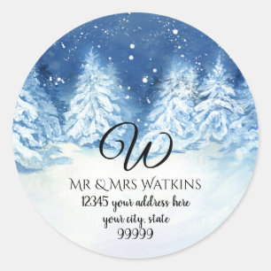 Sticker Rond Adresse de retour personnalisée Forêt hivernale en
